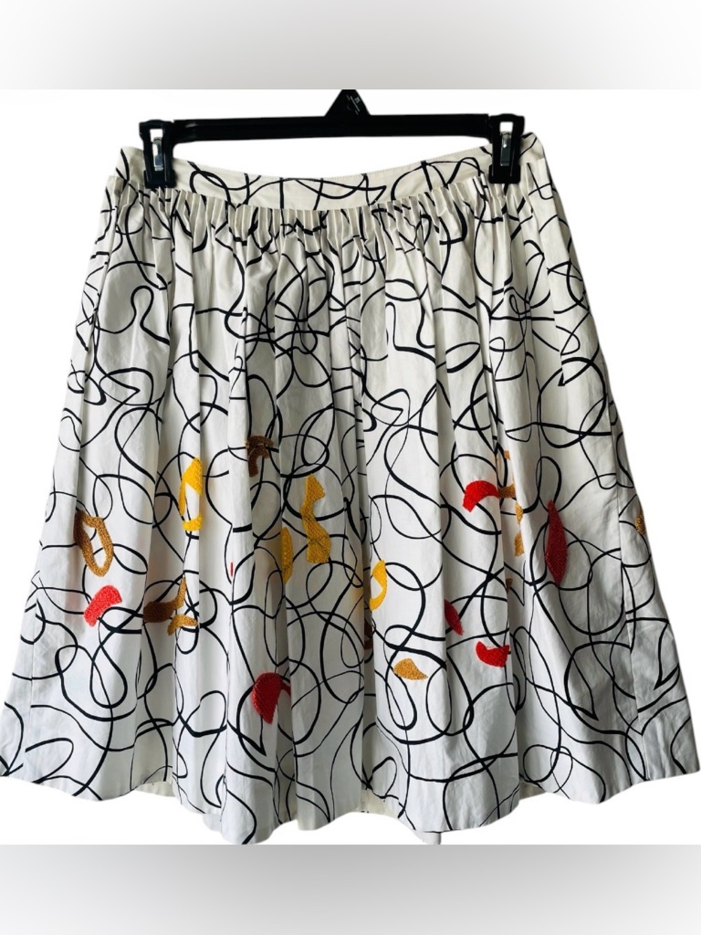 Maeve White A-Line Skirt with Black Line Print and Red & Yellow Accents